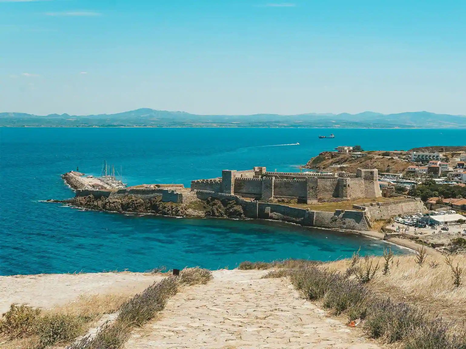 Bozcaada ferry port and clear turquoise aegean sea
